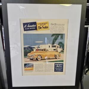 VTG DeSoto Framed Car Advertisement 1940s Mopar Luxury Auto Wall Art Man Cave